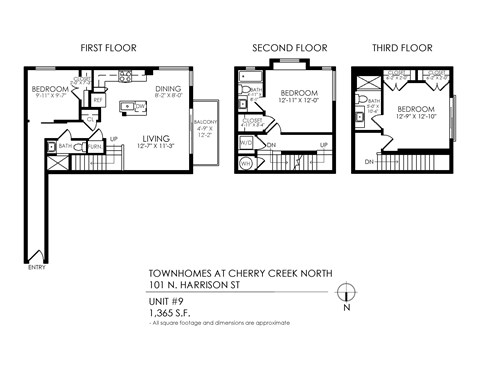 Floor plan for 3 beds, 3 baths, 1365 sqft